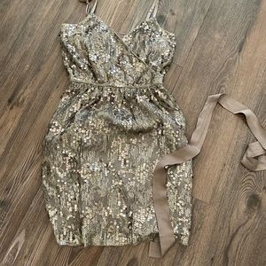 Express gray brown sequin and lace dress